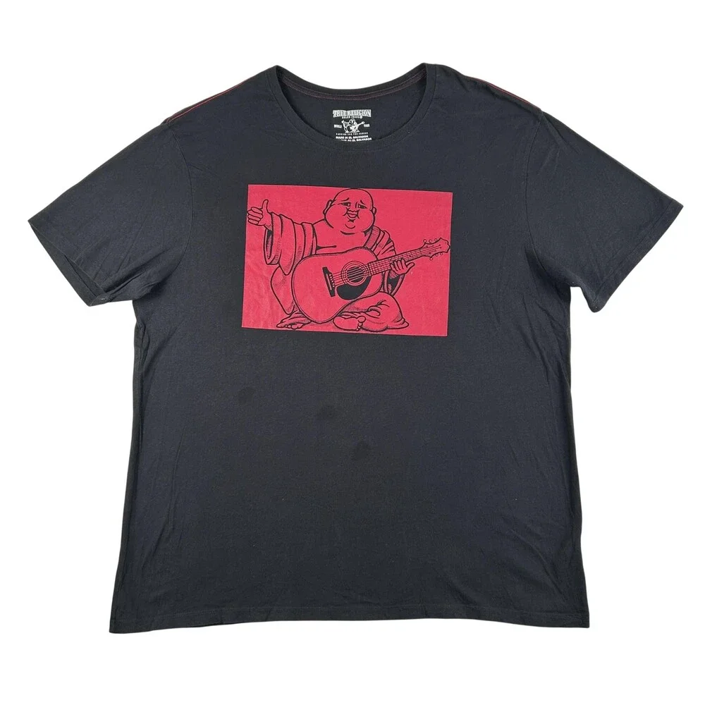 True Religion Shirt Mens 3XL Buddha Guitar Logo Graphic Tee Tagless Music FLAWS